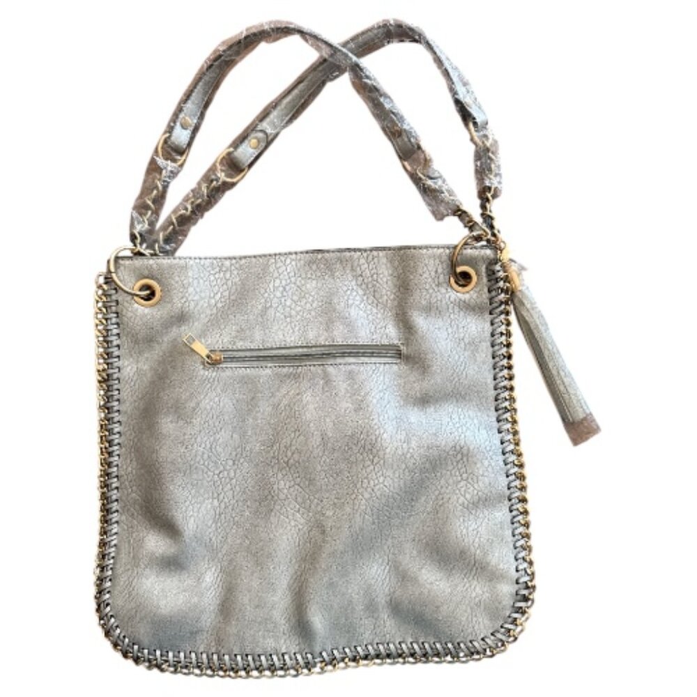 Silver & Gold Tone Chain-Trimmed Shoulder Bag